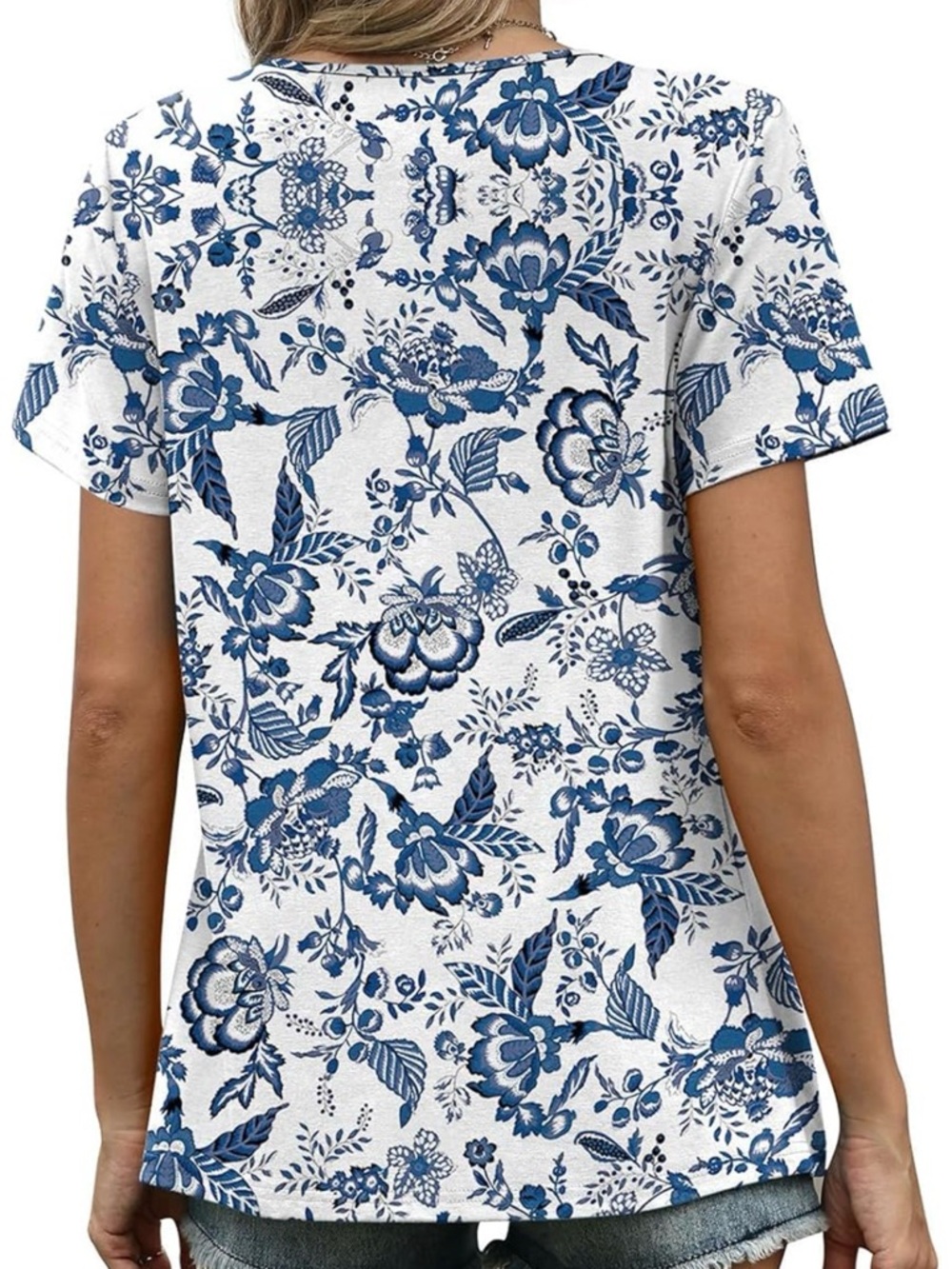 Boho Blue Floral Short-Sleeve Women's Top - Picture 5 of 5
